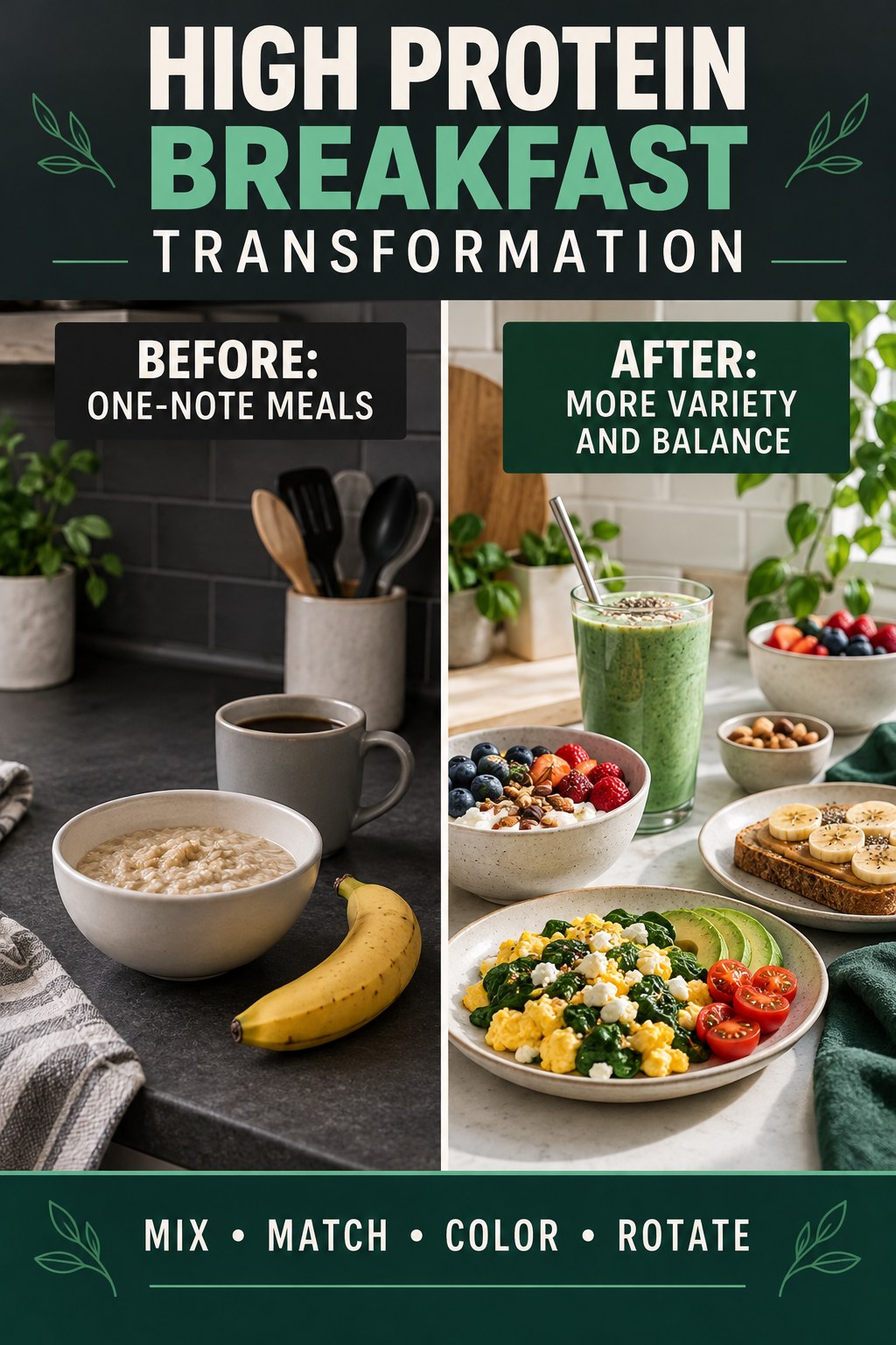 High Protein Breakfast habit transformation graphic comparing one-note meals with more variety and balance using four practical steps.