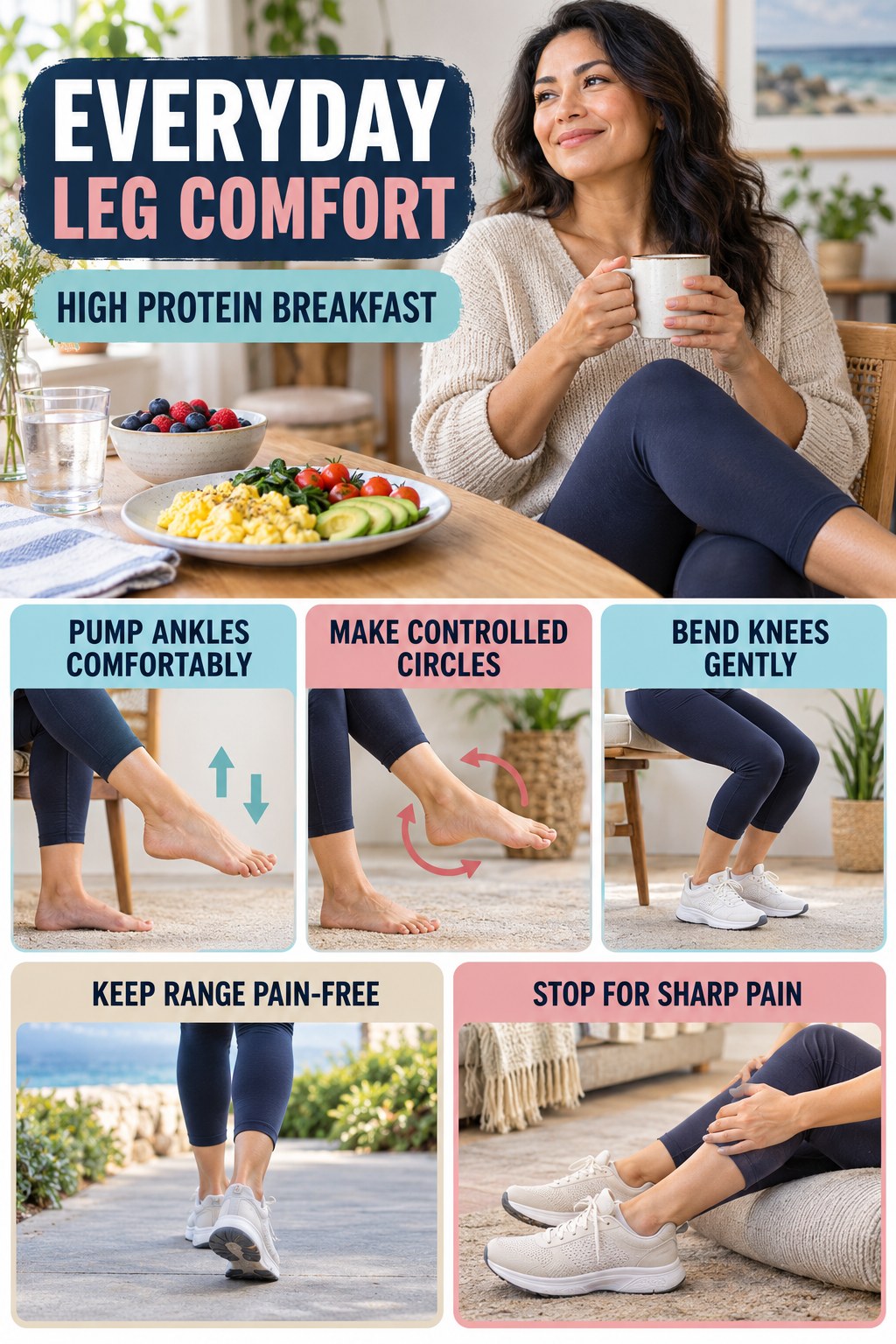 Gentle Ankle and Calf Mobility infographic for High Protein Breakfast with five gentle movement, position, footwear, recovery, or safety actions.