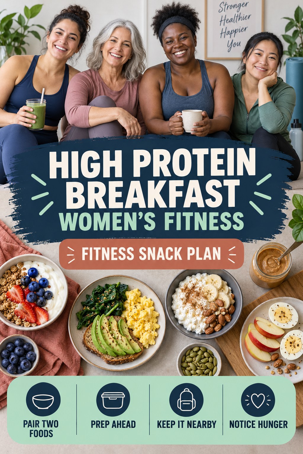 High Protein Breakfast women’s fitness graphic titled Fitness Snack Plan with four practical training prompts.