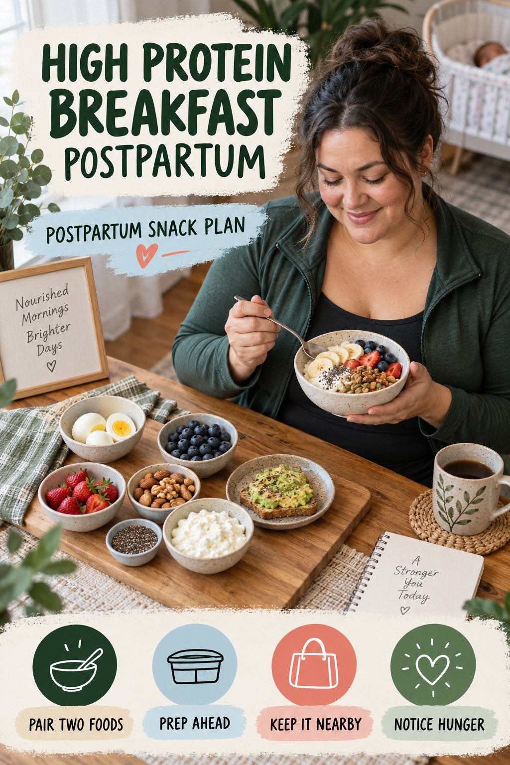 High Protein Breakfast postpartum graphic titled Postpartum Snack Plan with four gradual recovery-aware prompts.