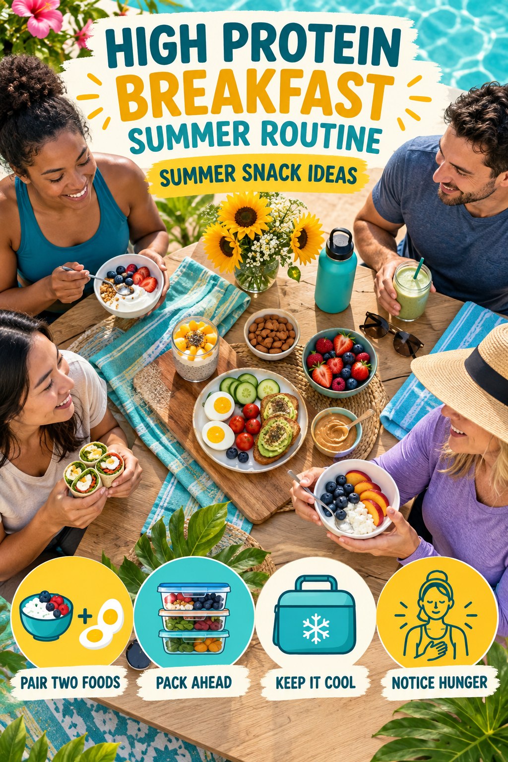 High Protein Breakfast summer routine graphic titled Summer Snack Ideas with four practical wellness prompts.