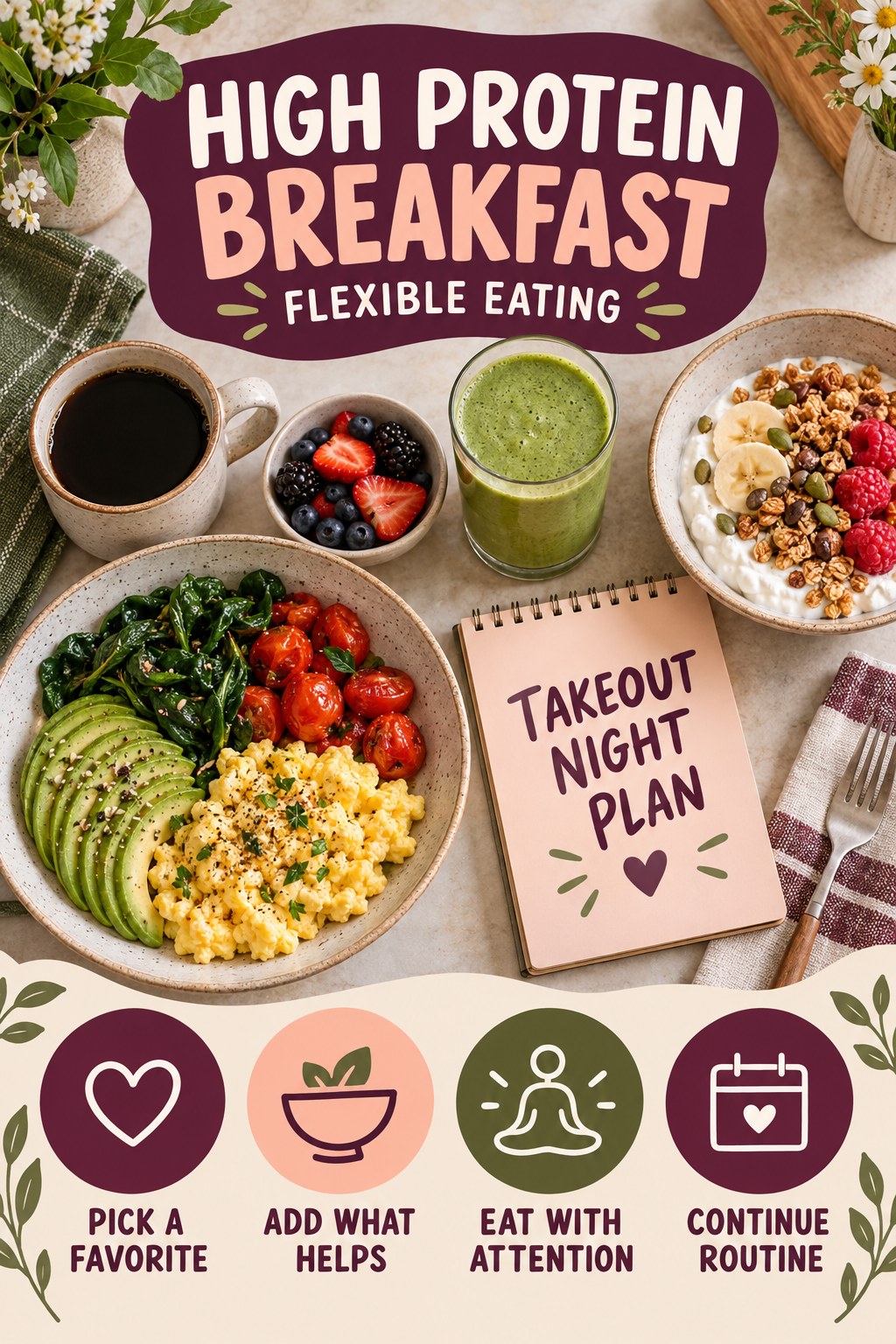 High Protein Breakfast flexible eating graphic titled Takeout Night Plan with four practical balance prompts.