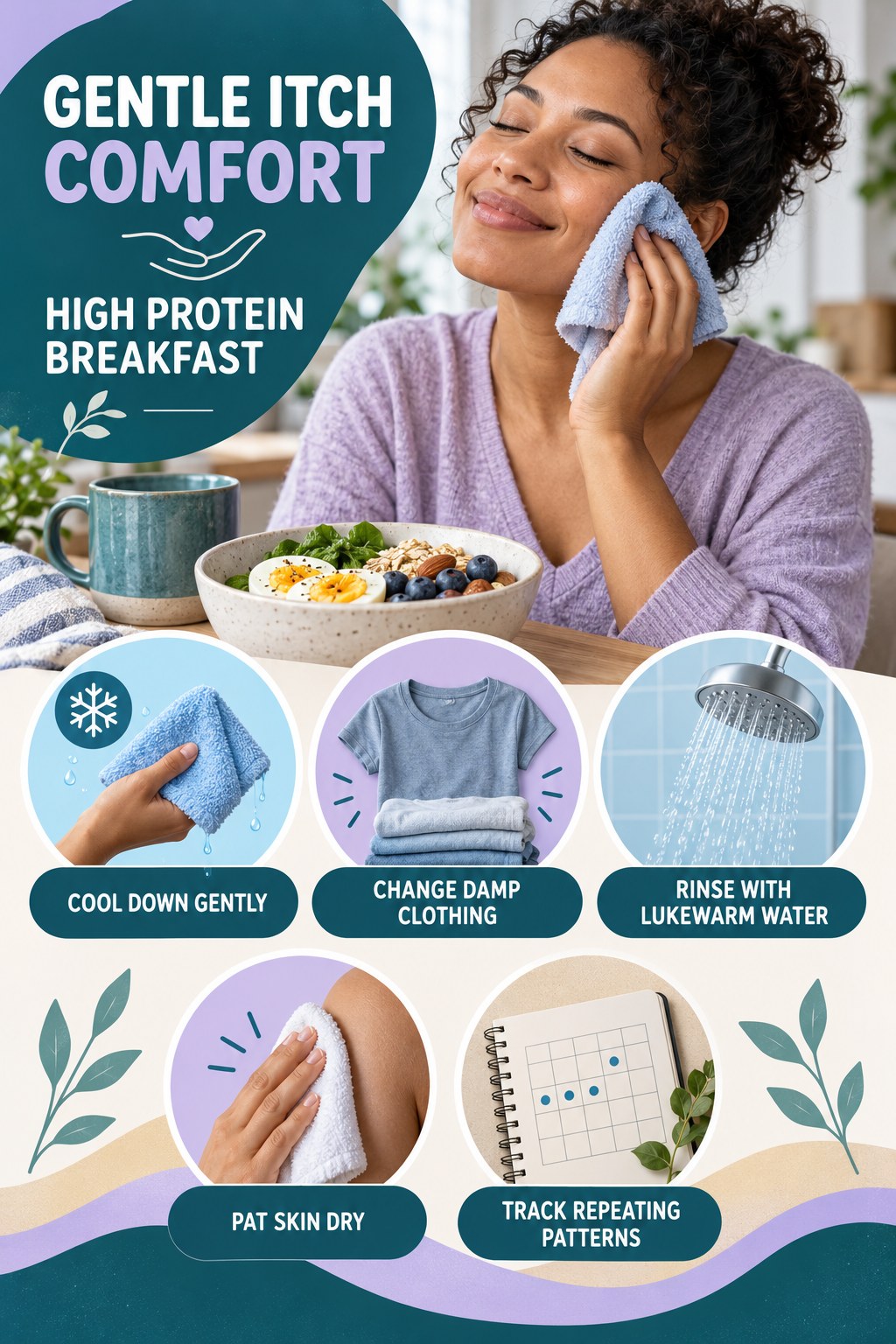 Heat and Sweat Comfort Plan infographic for High Protein Breakfast with five gentle itchy-skin comfort strategies and a non-diagnostic safety focus.