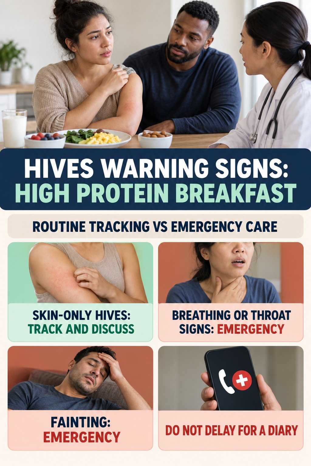 Routine Tracking vs Emergency Care infographic for High Protein Breakfast, highlighting urgent breathing, throat, swelling, fainting, and rapid-progression warning signs without diagnosing hives.