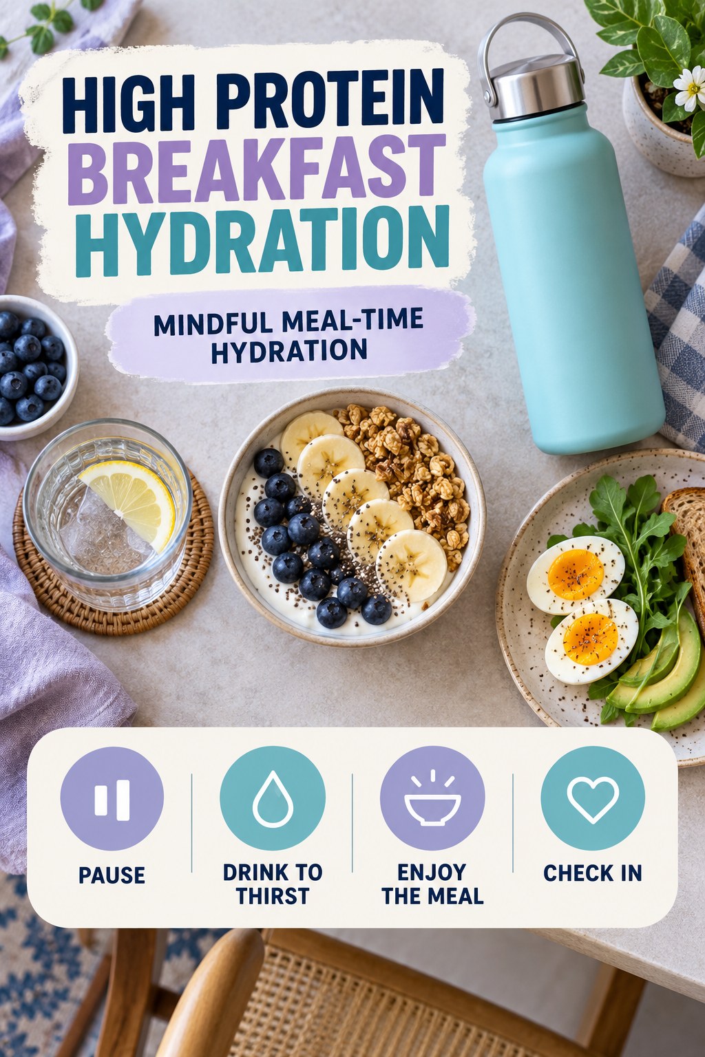 High Protein Breakfast hydration graphic titled Mindful Meal-Time Hydration with four flexible water-habit prompts and no fixed intake target.