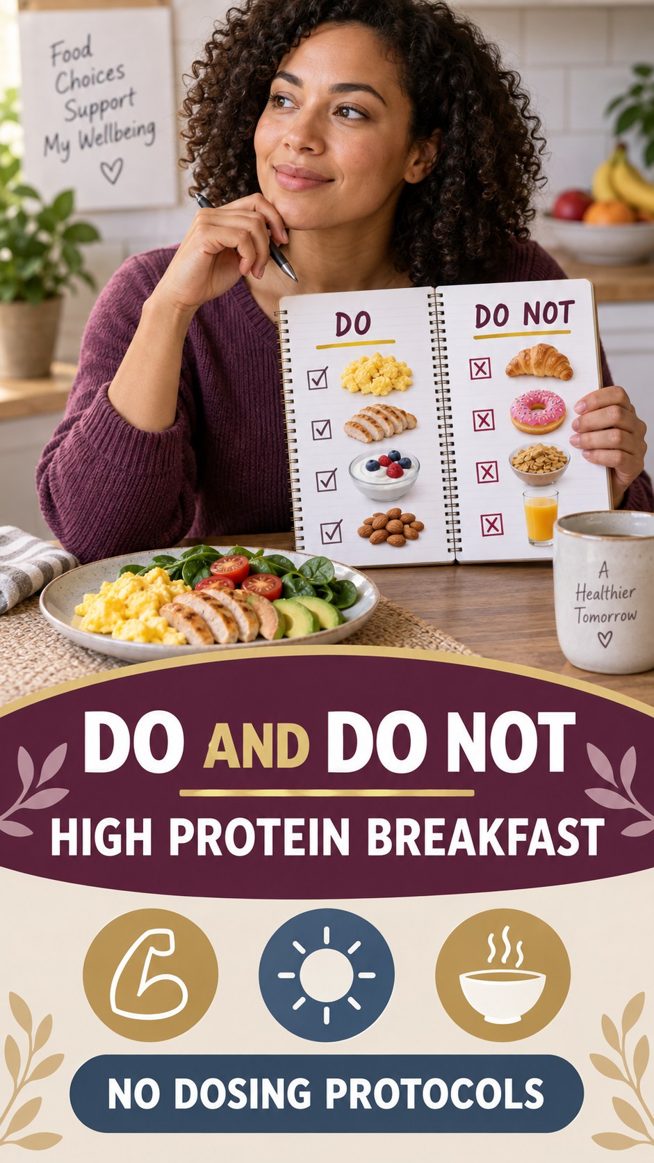 Lysine and Arginine Caution infographic for High Protein Breakfast, explaining that possible cold-sore triggers vary by person.