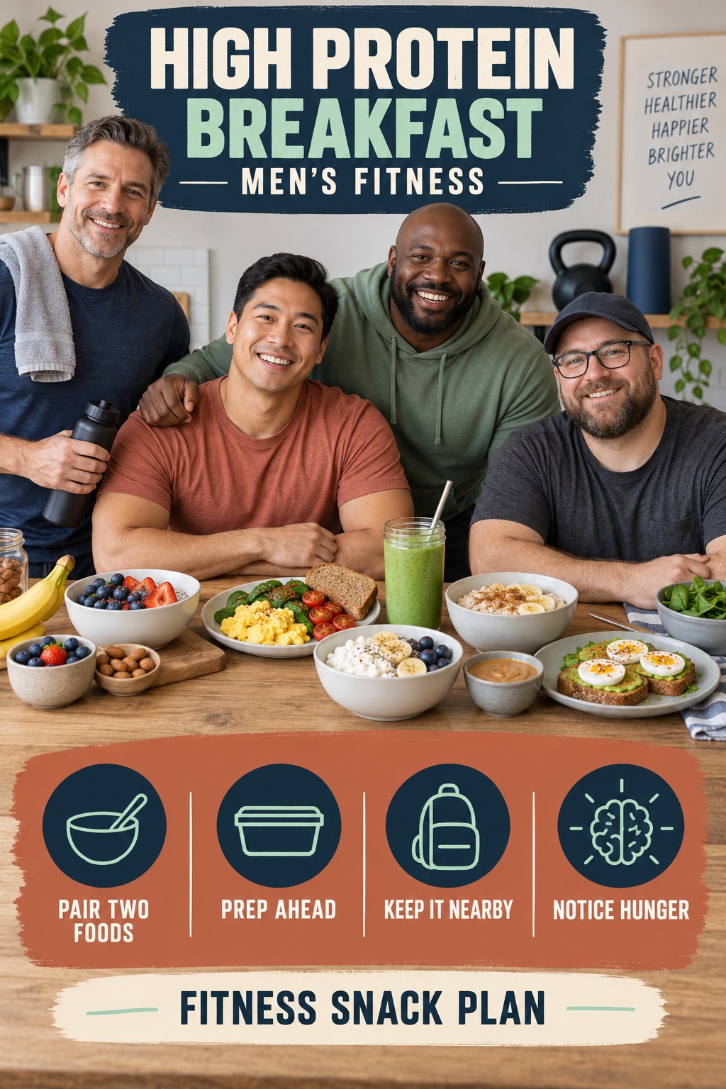 High Protein Breakfast men’s fitness graphic titled Fitness Snack Plan with four practical training prompts.