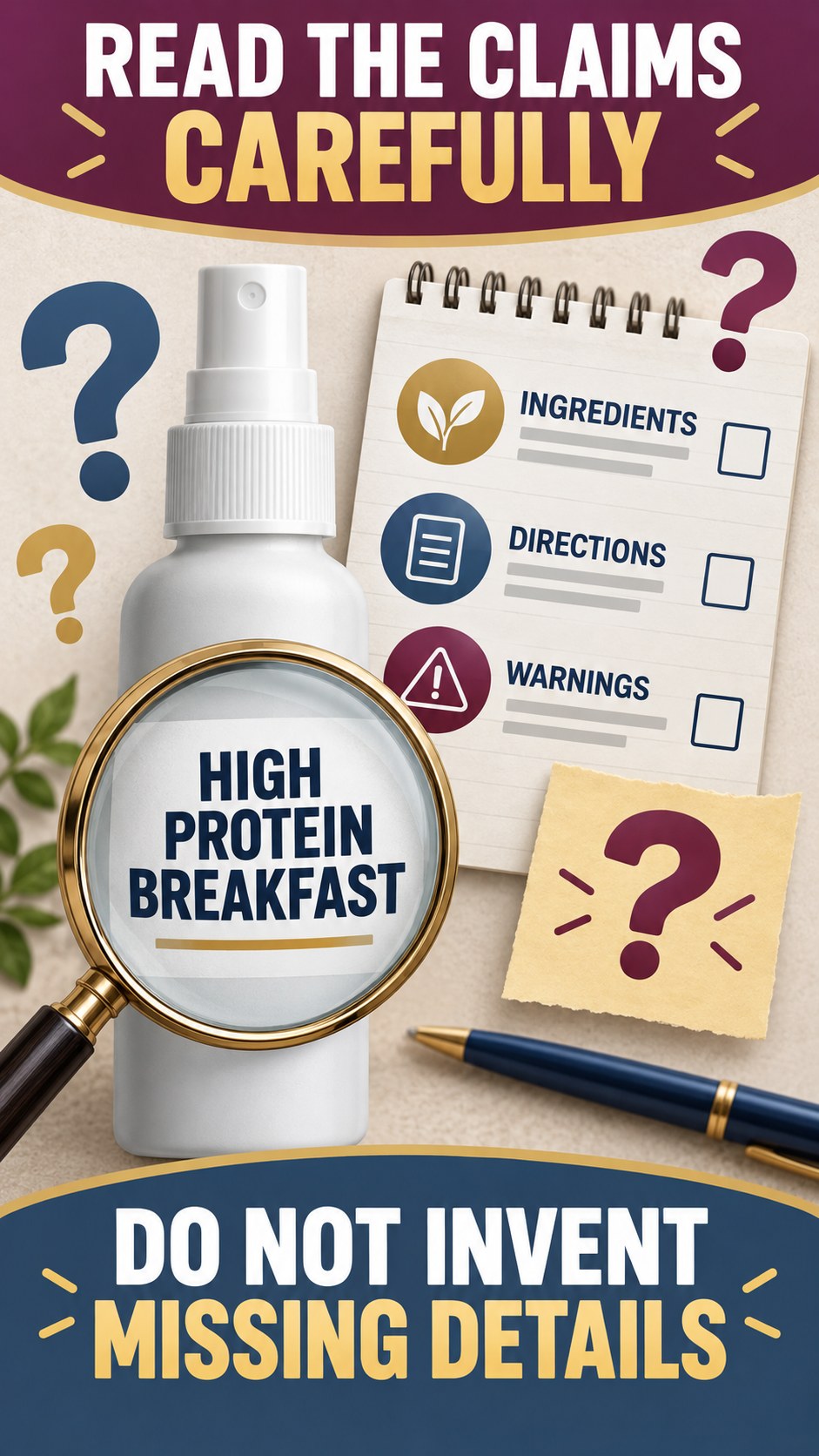 Missing Information Audit infographic for High Protein Breakfast, showing a generic spray-label checklist that separates available facts, missing details, and evidence questions.