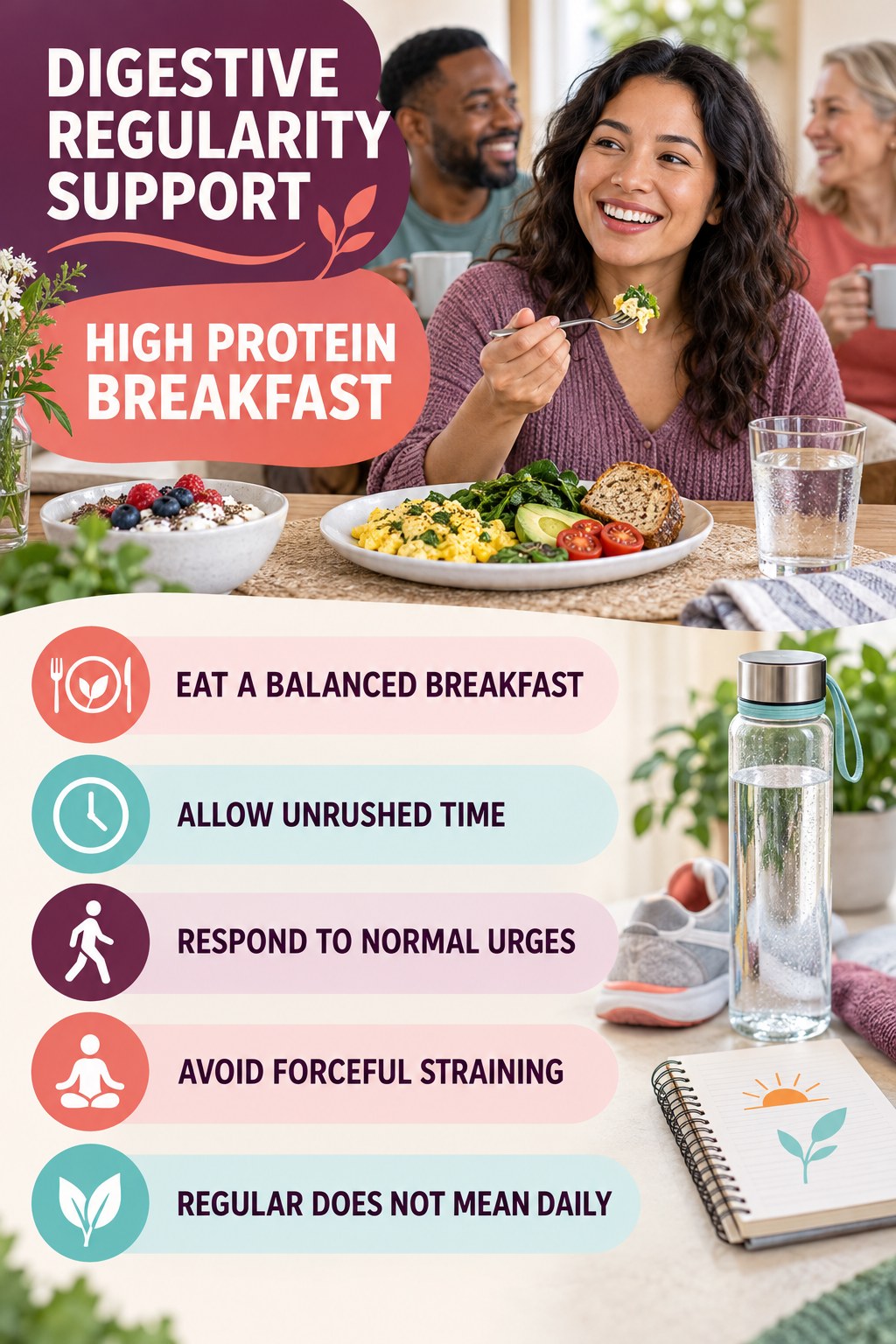 Morning Digestive Wellness infographic for High Protein Breakfast with five practical food, hydration, movement, or routine actions and no cleanse claims.
