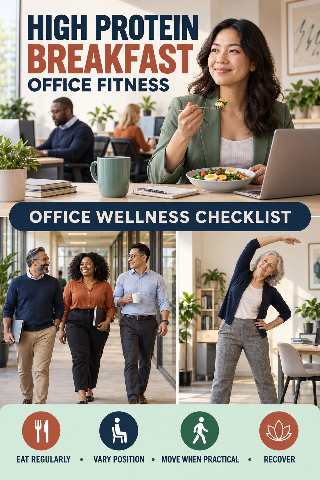 High Protein Breakfast office-fitness graphic titled Office Wellness Checklist with four practical workday movement prompts.