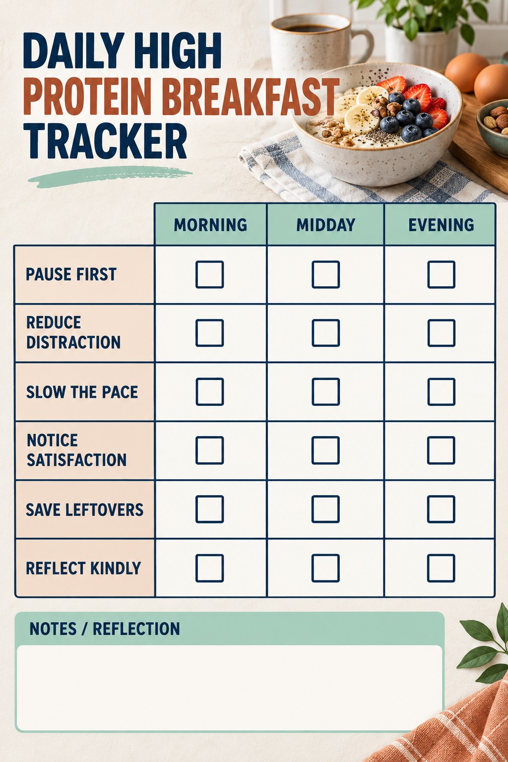 Daily High Protein Breakfast printable-style tracker graphic with six labeled rows, empty checkboxes, and a reflection area.