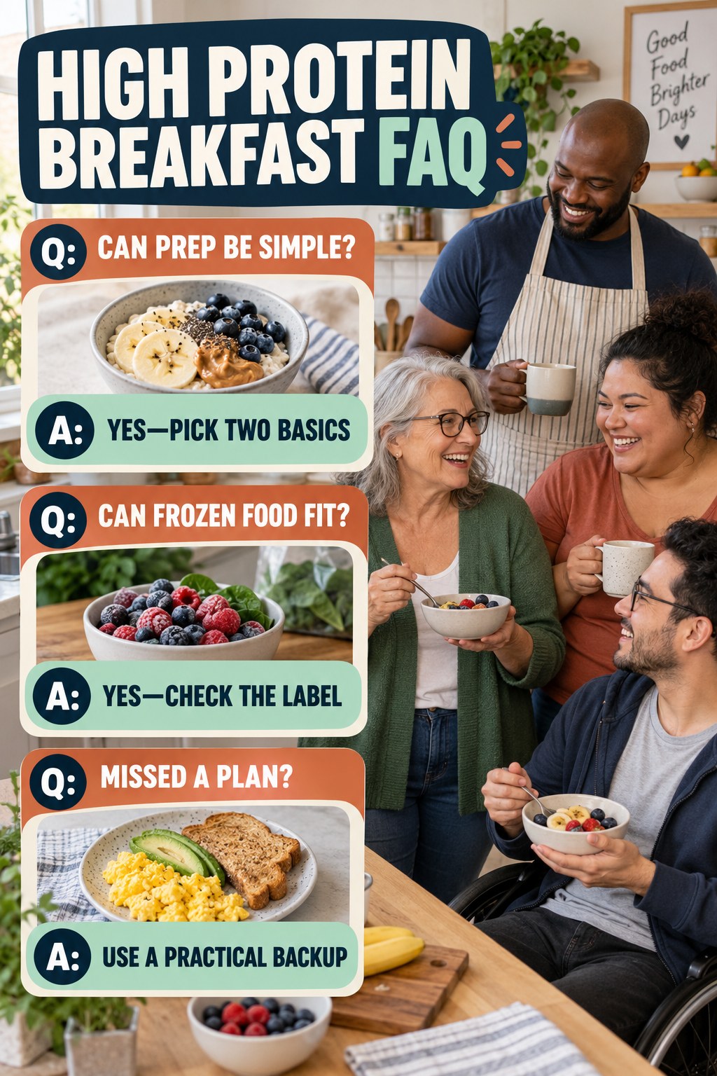 High Protein Breakfast FAQ graphic with three concise questions and practical answers for beginners.