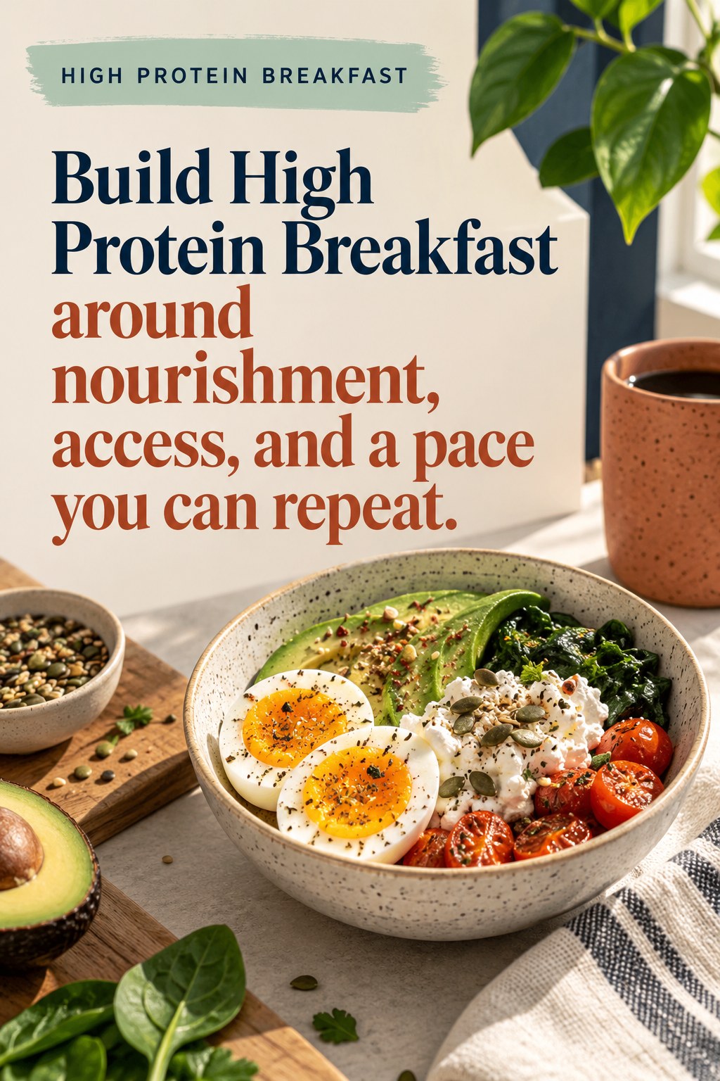 Original High Protein Breakfast quote graphic reading “Build High Protein Breakfast around nourishment, access, and a pace you can repeat.” in a board-relevant editorial design.