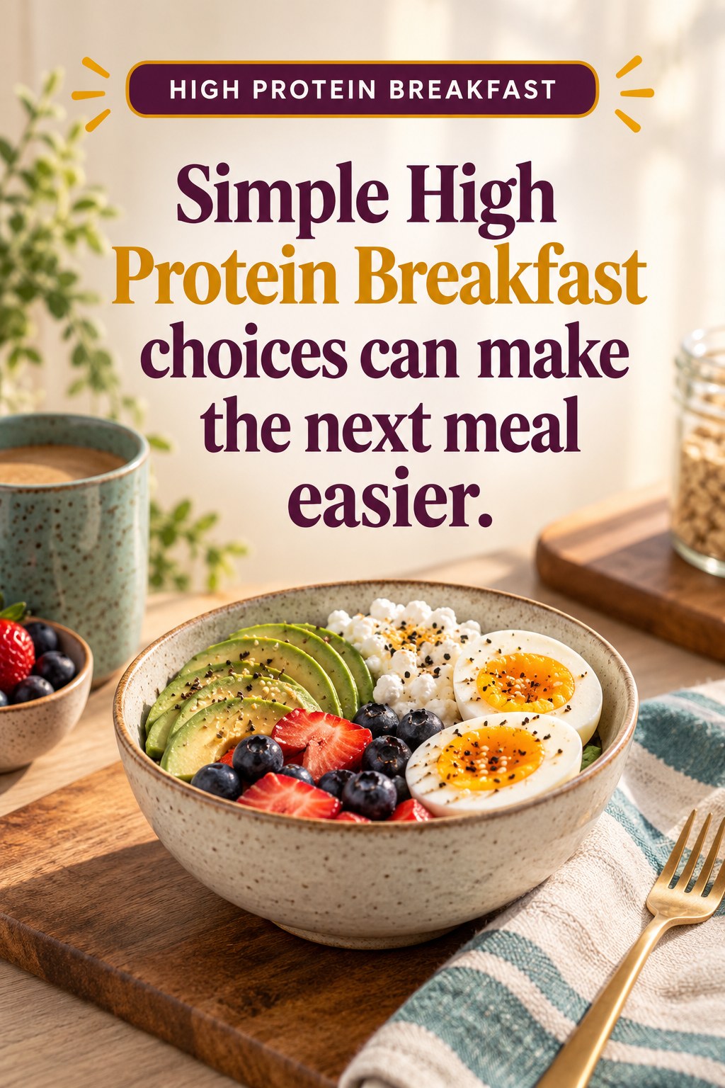 Original High Protein Breakfast quote graphic reading “Simple High Protein Breakfast choices can make the next meal easier.” in a board-relevant editorial design.