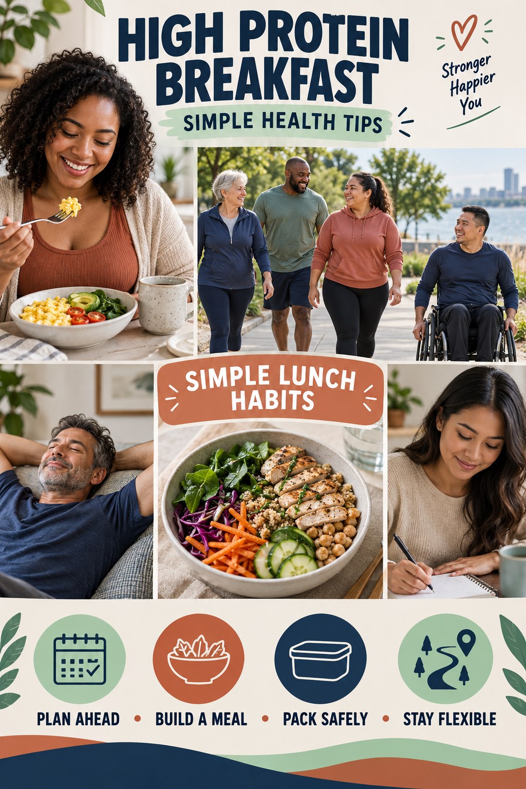 High Protein Breakfast simple-health graphic titled Simple Lunch Habits with four practical wellness prompts.