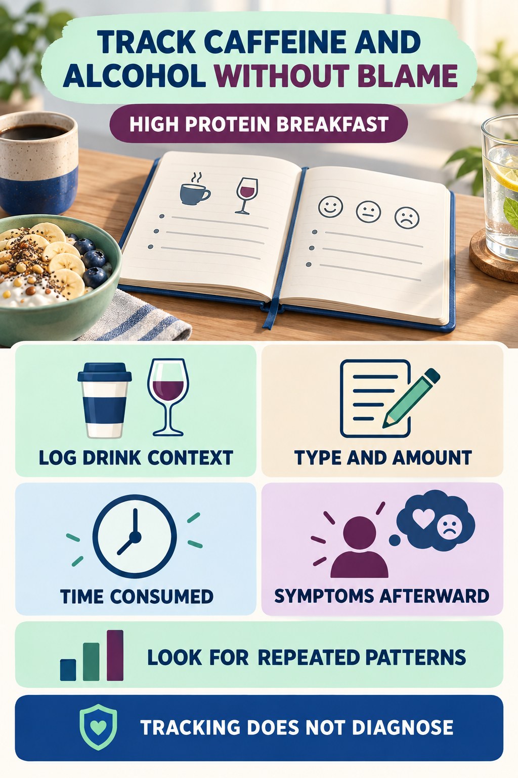 Track Caffeine and Alcohol Without Blame urinary symptom tracking infographic for High Protein Breakfast with four practical diary points and a non-diagnostic reminder.