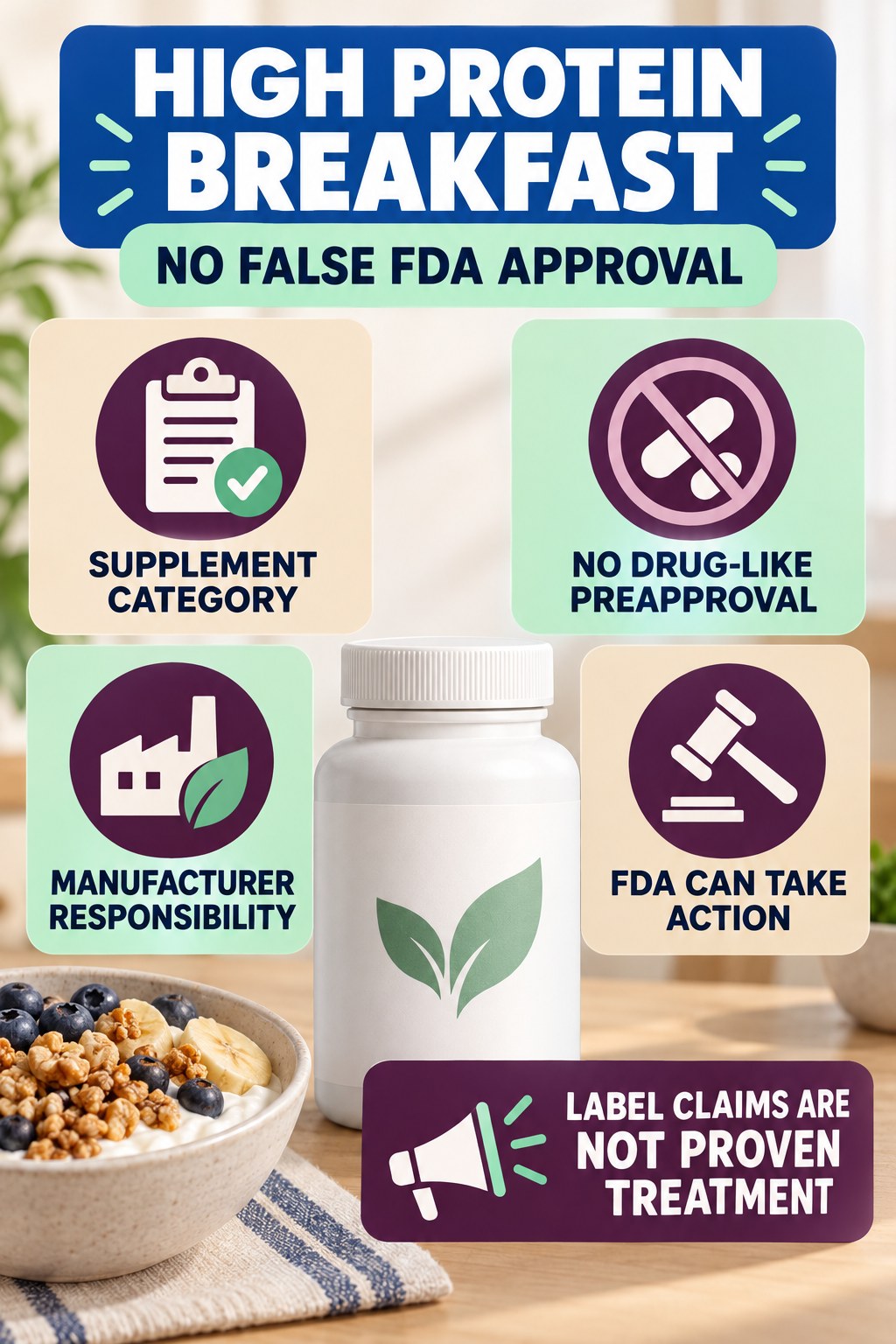 Understand FDA Status Without False Approval Claims prostate supplement label-literacy infographic for High Protein Breakfast with four careful reading points.