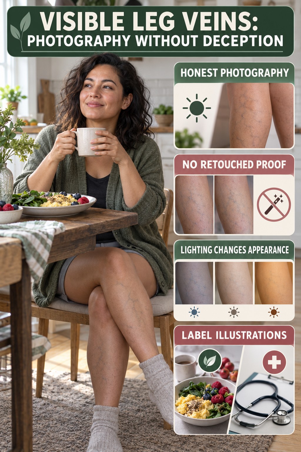 Photography Without Deception infographic for High Protein Breakfast, showing body-neutral visible-leg-vein appearance care and the boundary between temporary cosmetic support and treatment.