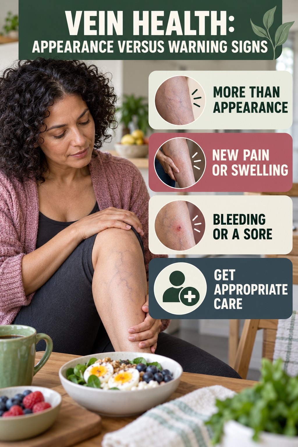 Appearance Versus Warning Signs infographic for High Protein Breakfast, explaining vein-health warning signs and the appropriate next action without diagnosing a condition.