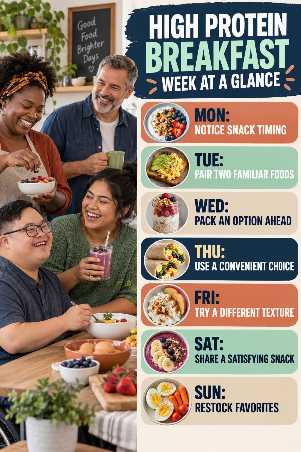Weekly High Protein Breakfast plan graphic with concise Monday-to-Sunday actions and flexible recovery guidance.