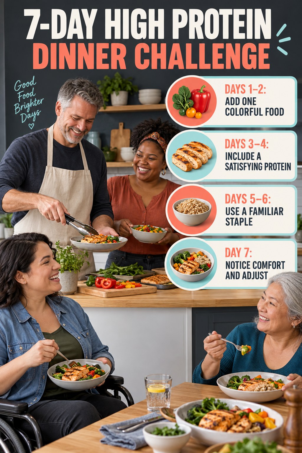 7-day High Protein Dinner challenge graphic showing four manageable milestones for consistent practice.