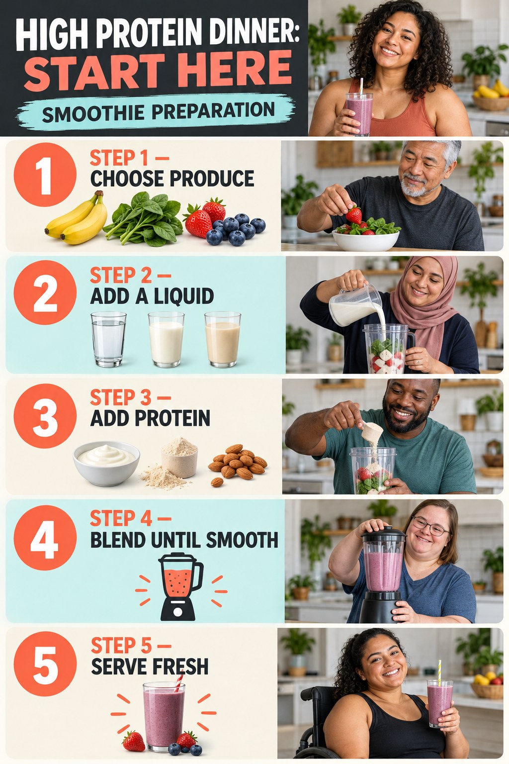 High Protein Dinner beginner guide graphic showing five manageable stages for smoothie preparation.