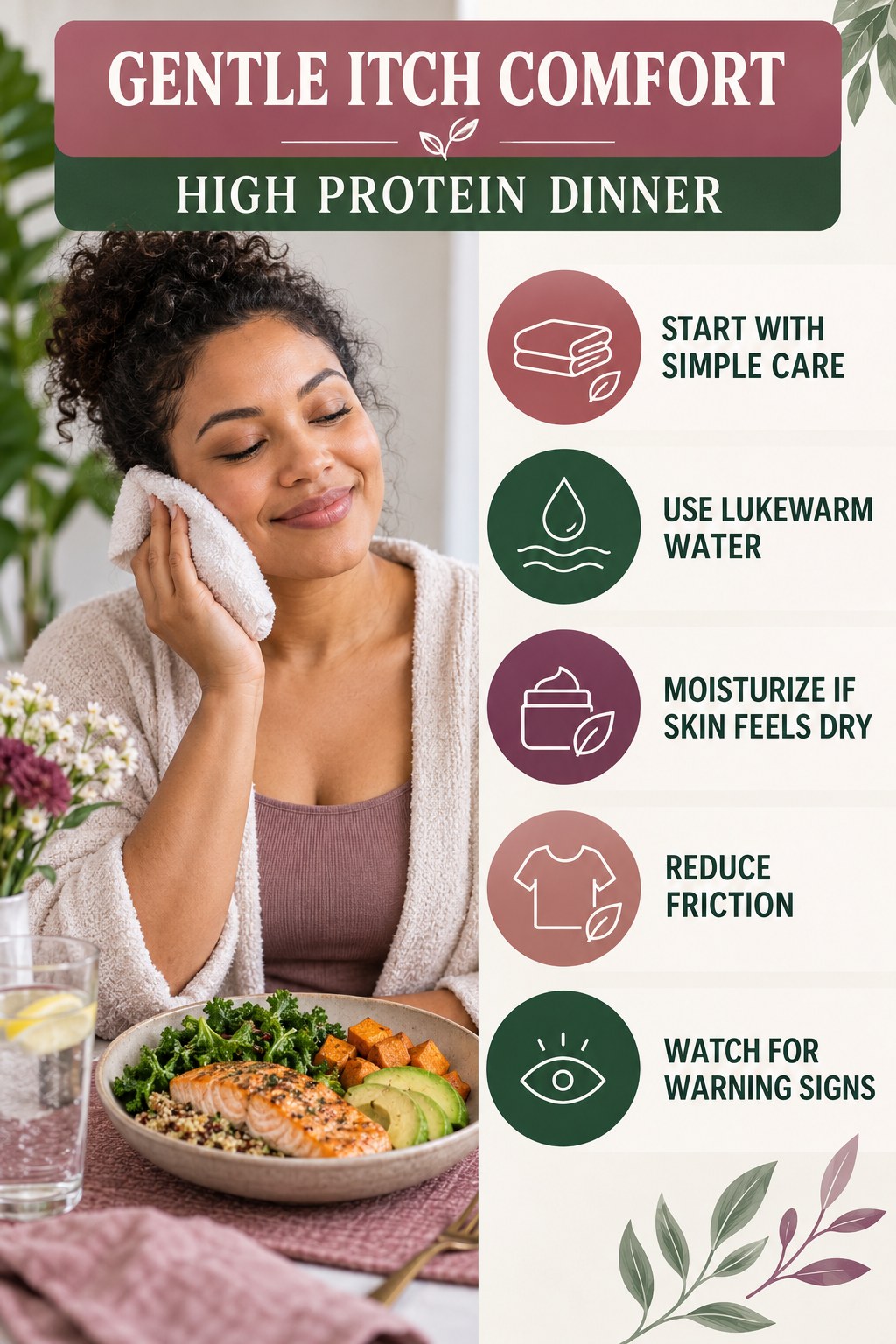 Beginner Skin Comfort Checklist infographic for High Protein Dinner with five gentle itchy-skin comfort strategies and a non-diagnostic safety focus.