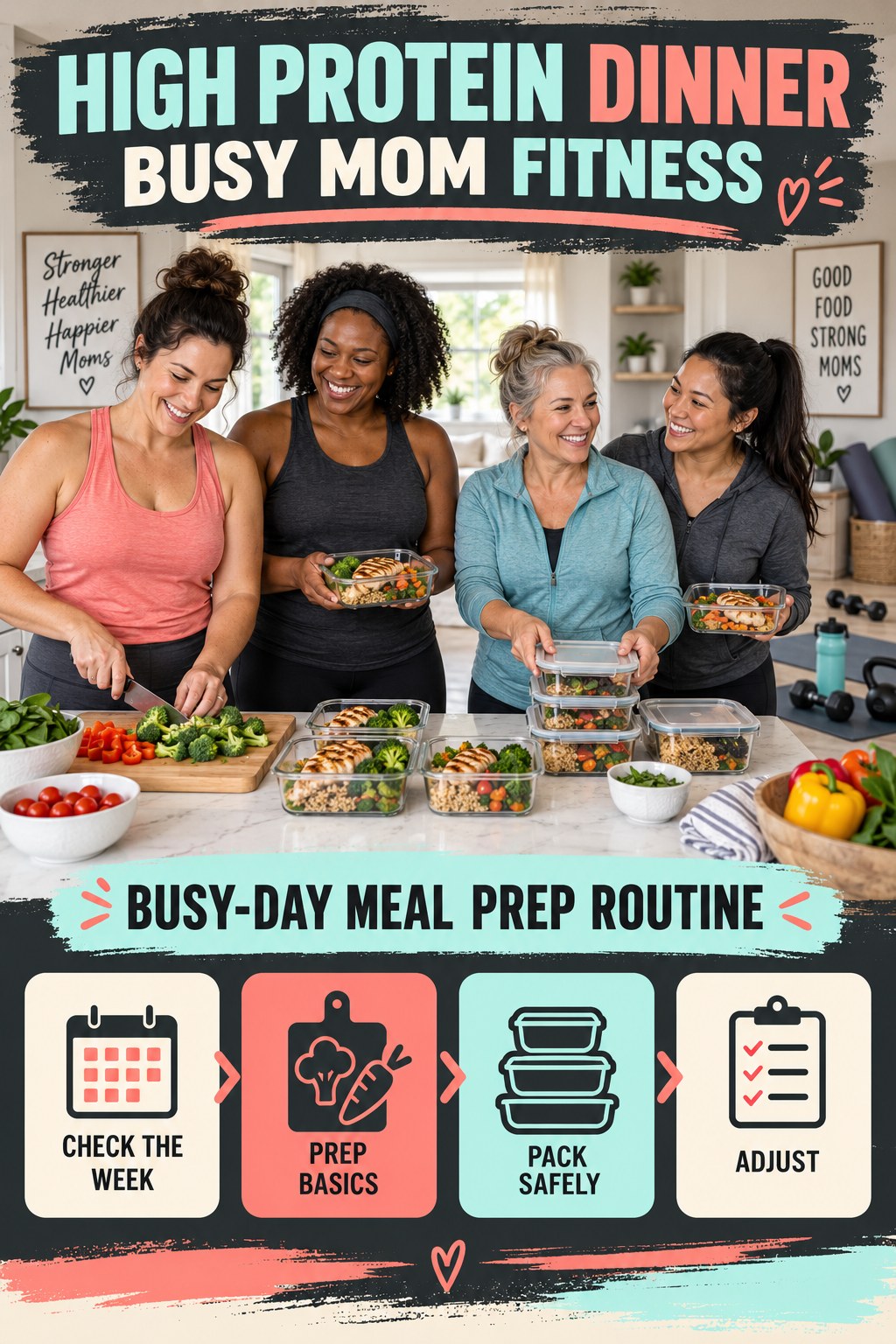 High Protein Dinner busy-mom fitness graphic titled Busy-Day Meal Prep Routine with four practical movement prompts.