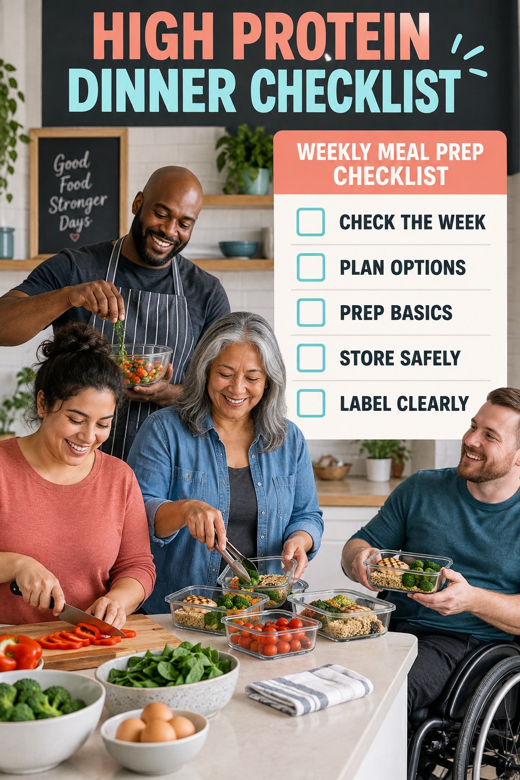 High Protein Dinner checklist graphic titled Weekly Meal Prep Checklist with five clear practical wellness items.