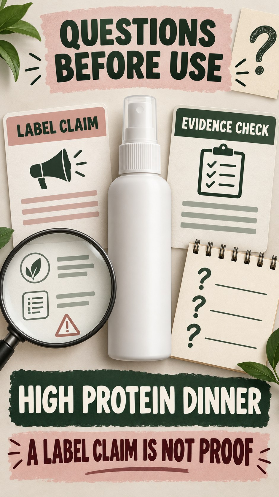 Claim Versus Evidence Review infographic for High Protein Dinner, showing a generic spray-label checklist that separates available facts, missing details, and evidence questions.