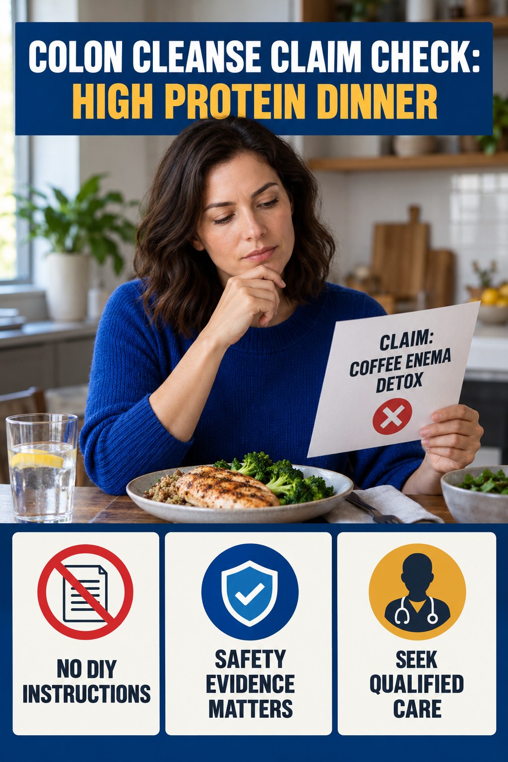 Coffee Enema Claims infographic for High Protein Dinner, separating a colon-cleanse marketing claim from evidence, reasonable conclusions, and safety context.