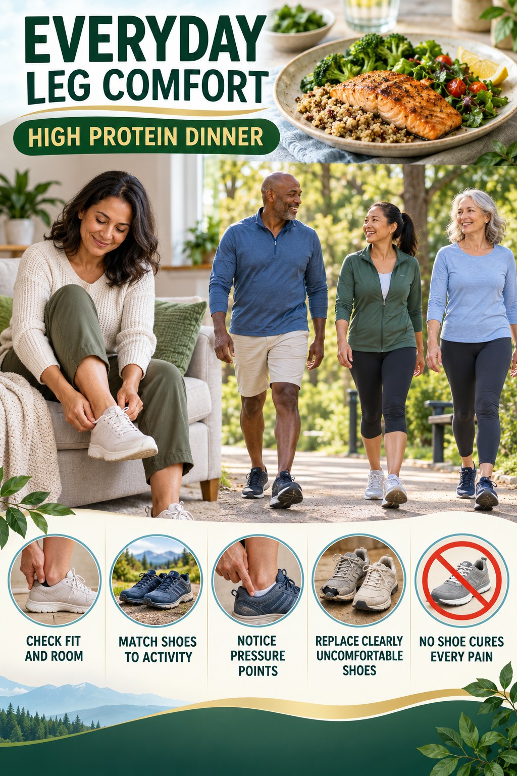Comfortable Footwear Awareness infographic for High Protein Dinner with five gentle movement, position, footwear, recovery, or safety actions.