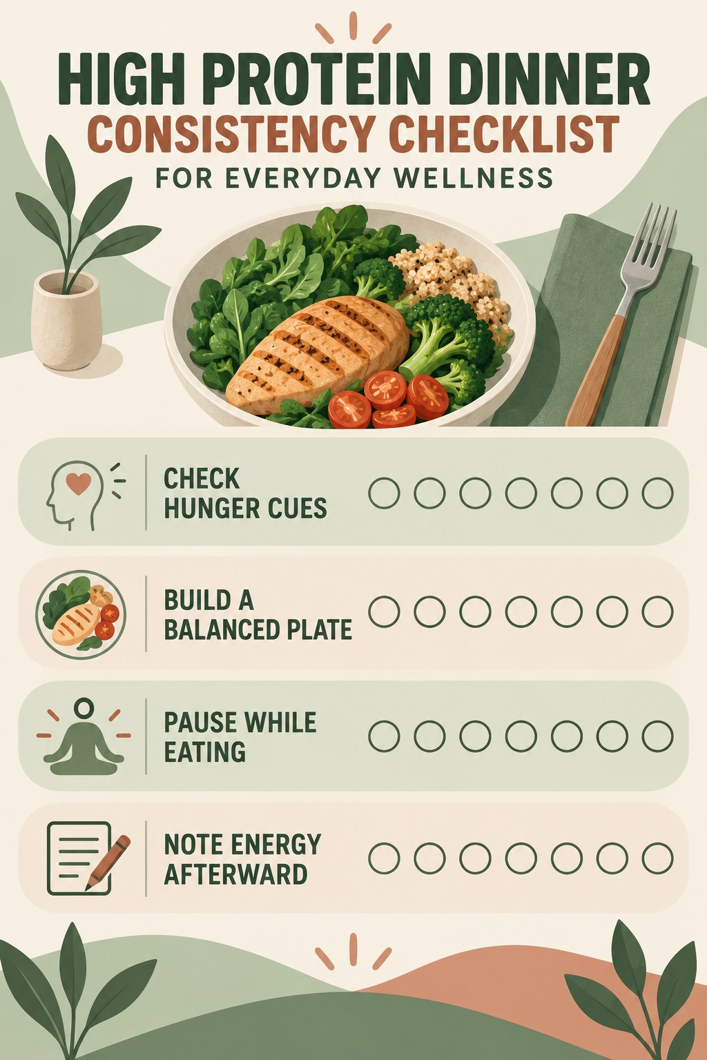 High Protein Dinner Consistency Checklist for Everyday Wellness infographic with checkboxes for check hunger cues, build a balanced plate, pause while eating, note energy afterward.