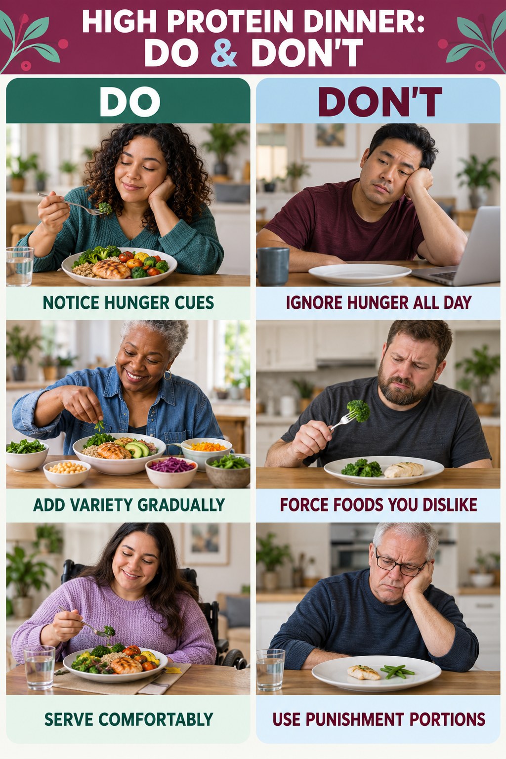High Protein Dinner Do and Don’t comparison graphic showing three practical behavior pairs for busy-day meals.