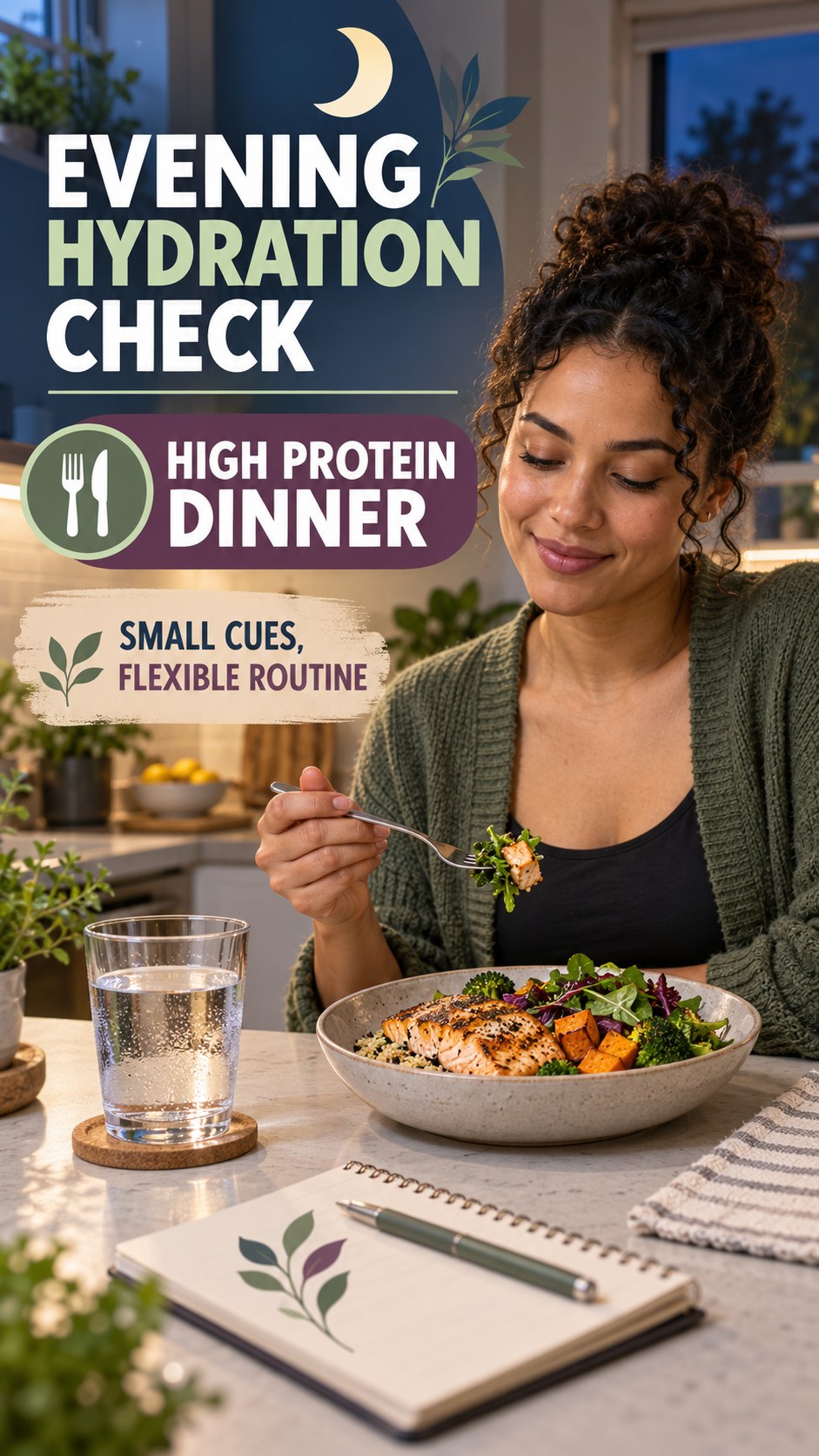 Evening Hydration Awareness infographic for High Protein Dinner, showing a flexible and calming evening wellness routine.