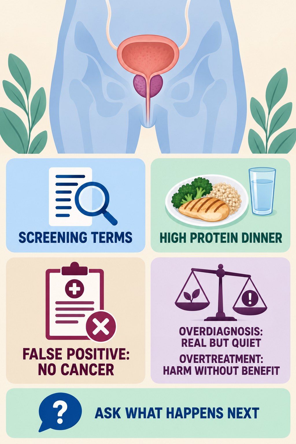 False Positive, Overdiagnosis, and Overtreatment infographic for High Protein Dinner with four concise prostate-health awareness points.