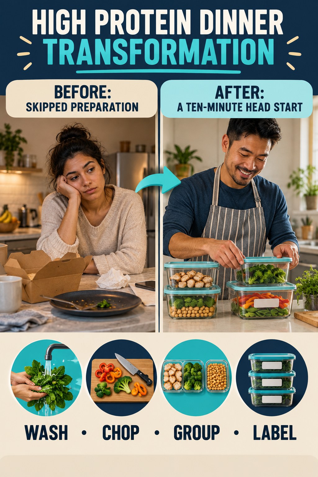 High Protein Dinner habit transformation graphic comparing skipped preparation with a ten-minute head start using four practical steps.