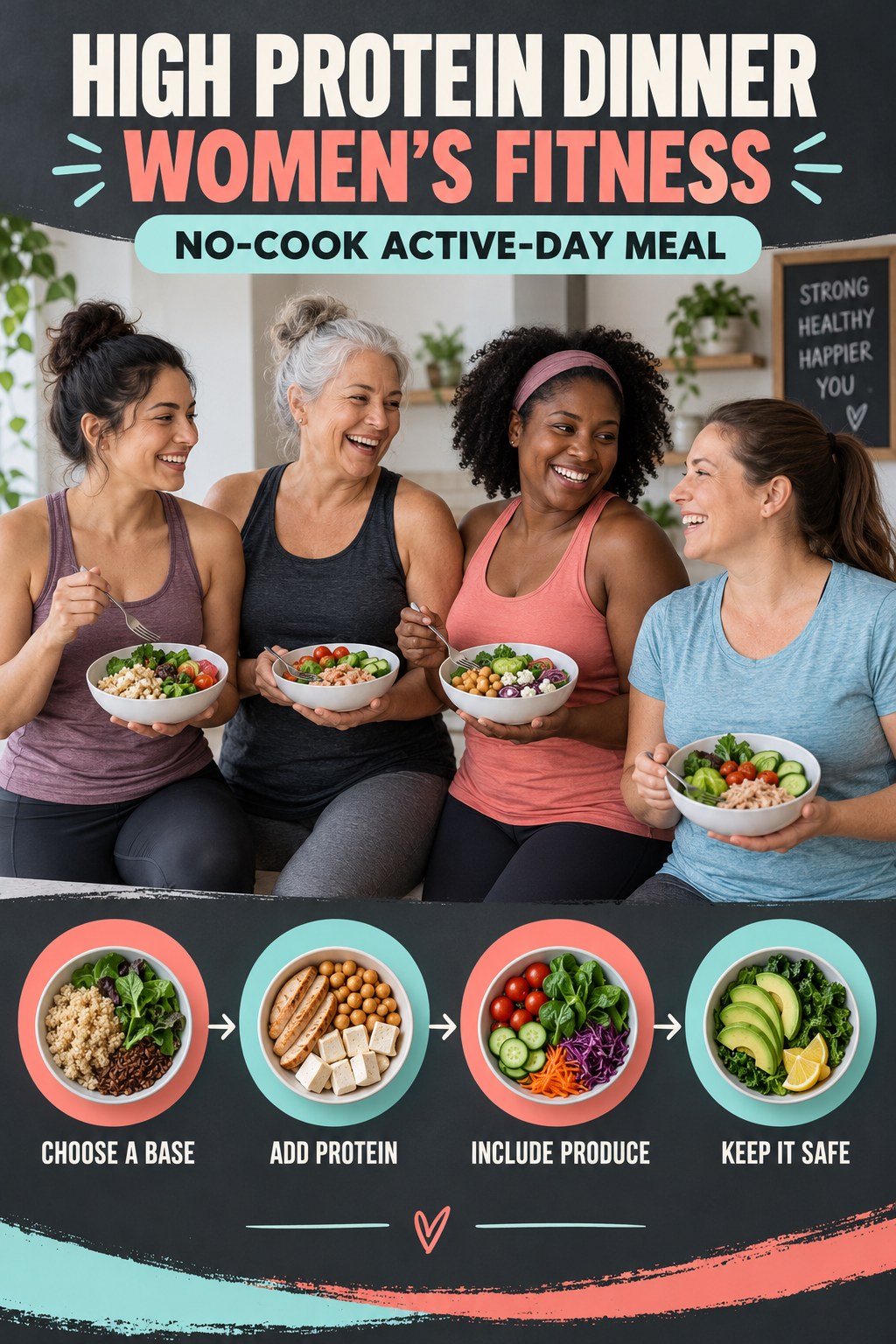 High Protein Dinner women’s fitness graphic titled No-Cook Active-Day Meal with four practical training prompts.