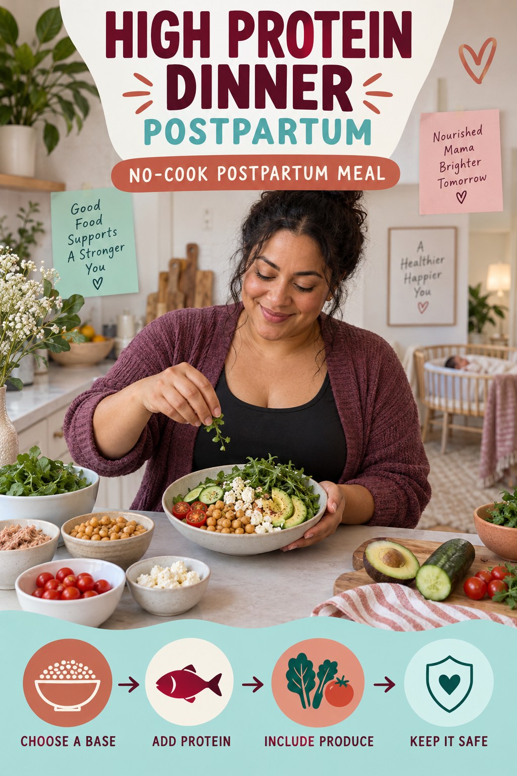 High Protein Dinner postpartum graphic titled No-Cook Postpartum Meal with four gradual recovery-aware prompts.