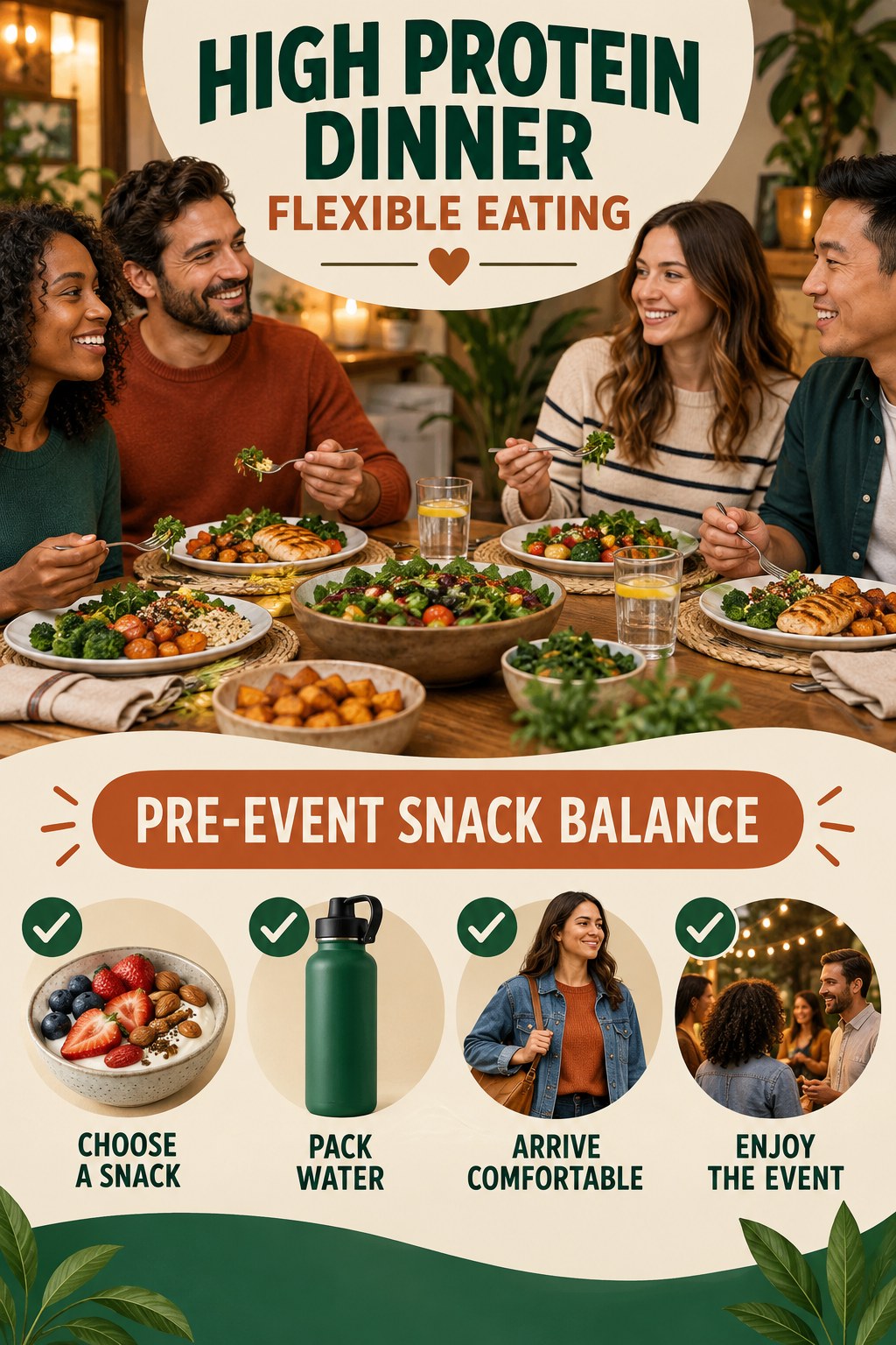 High Protein Dinner flexible eating graphic titled Pre-Event Snack Balance with four practical balance prompts.