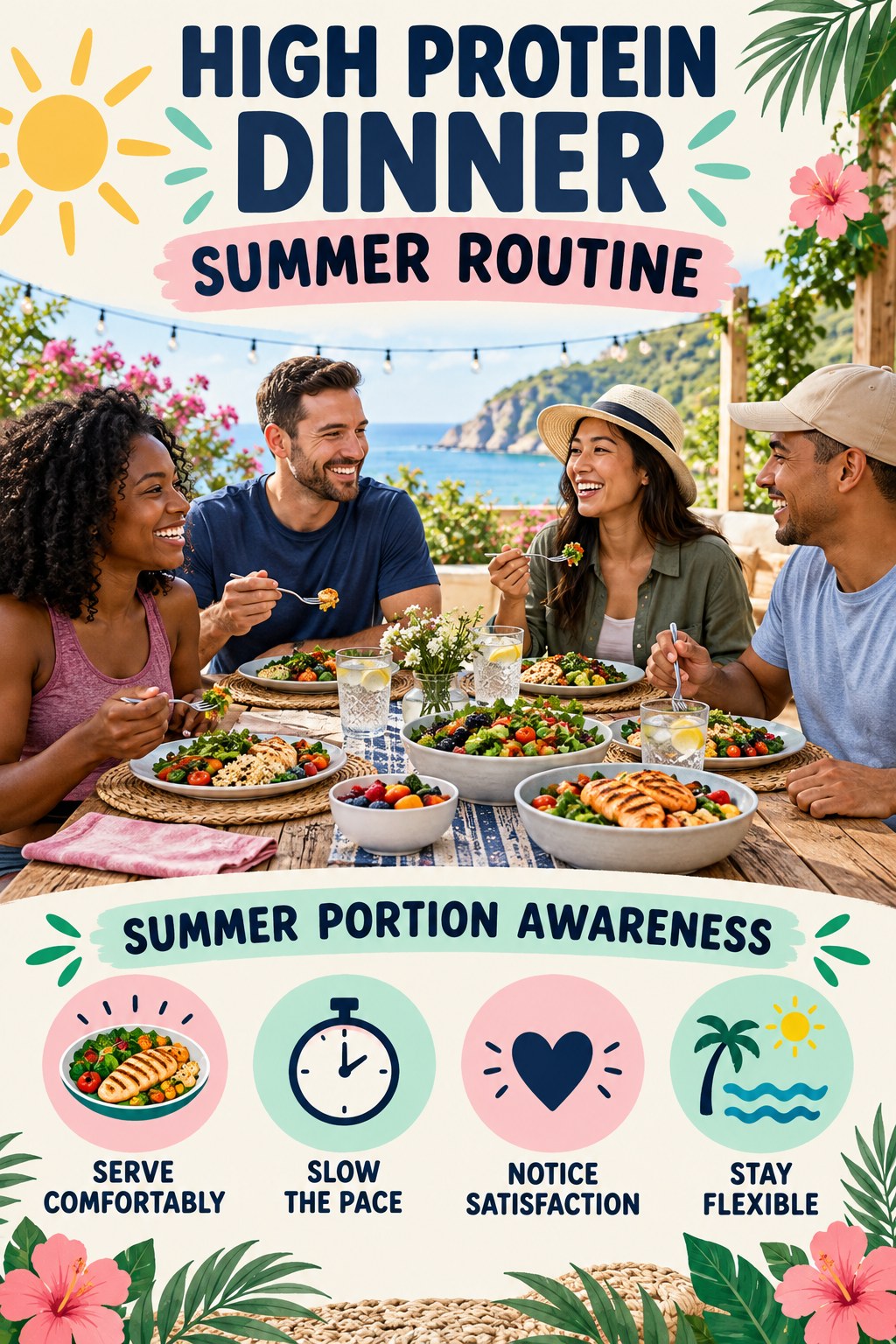 High Protein Dinner summer routine graphic titled Summer Portion Awareness with four practical wellness prompts.