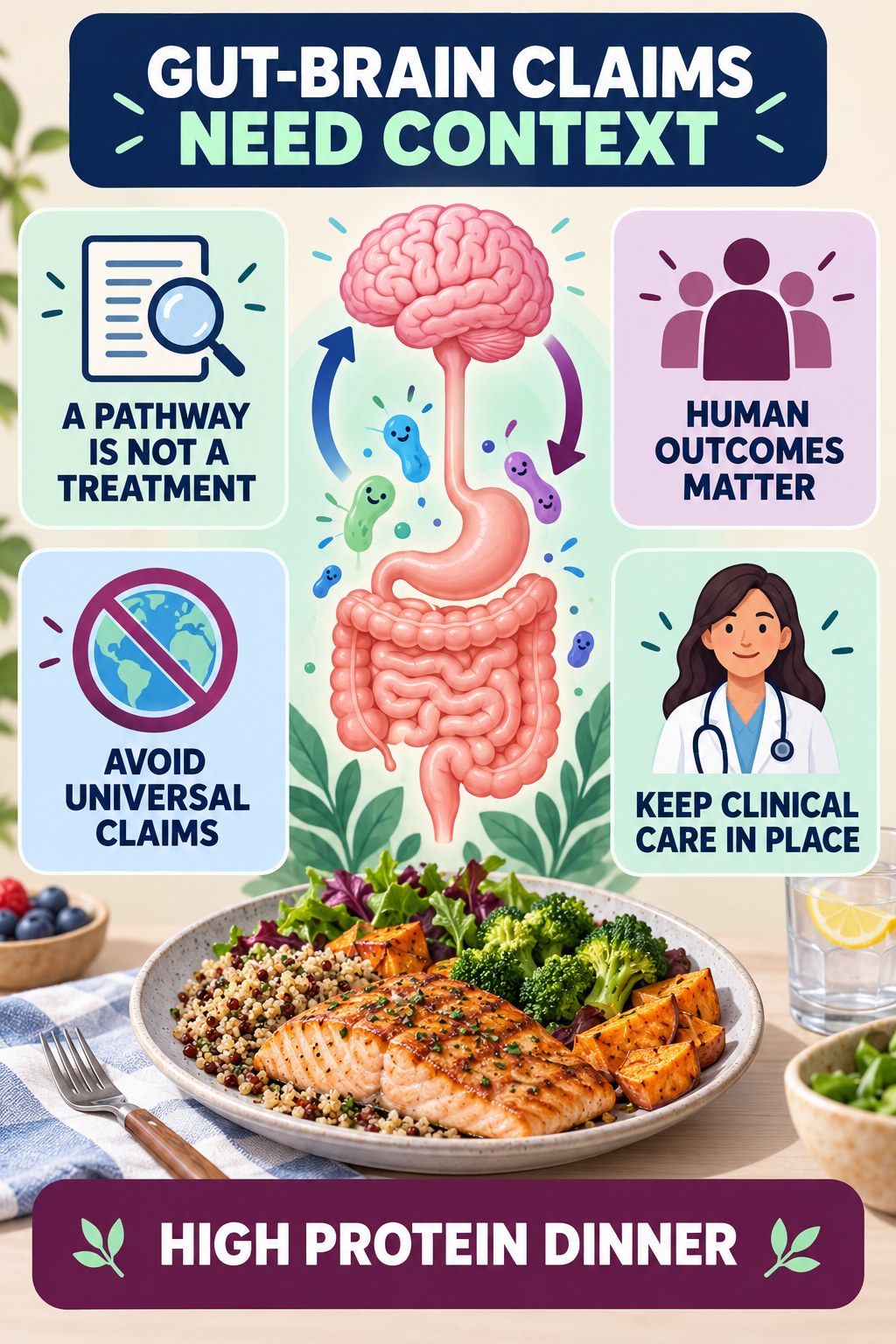 Gut-Brain Claims Need Human Evidence educational infographic for High Protein Dinner with four evidence-aware points.