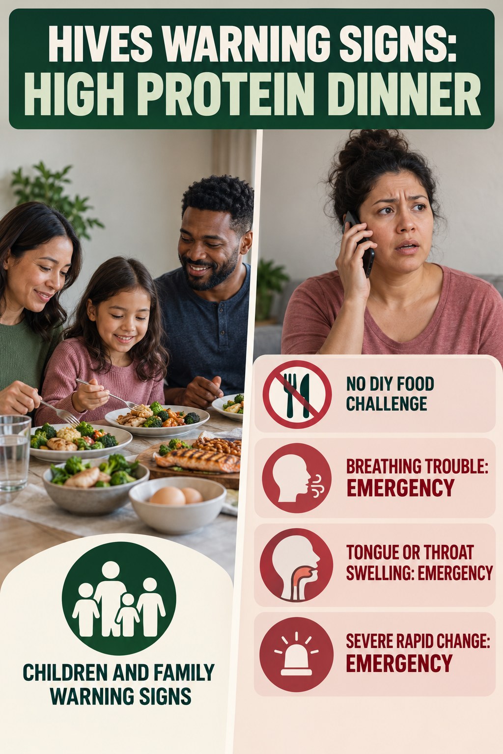 Children and Family Warning Signs infographic for High Protein Dinner, highlighting urgent breathing, throat, swelling, fainting, and rapid-progression warning signs without diagnosing hives.