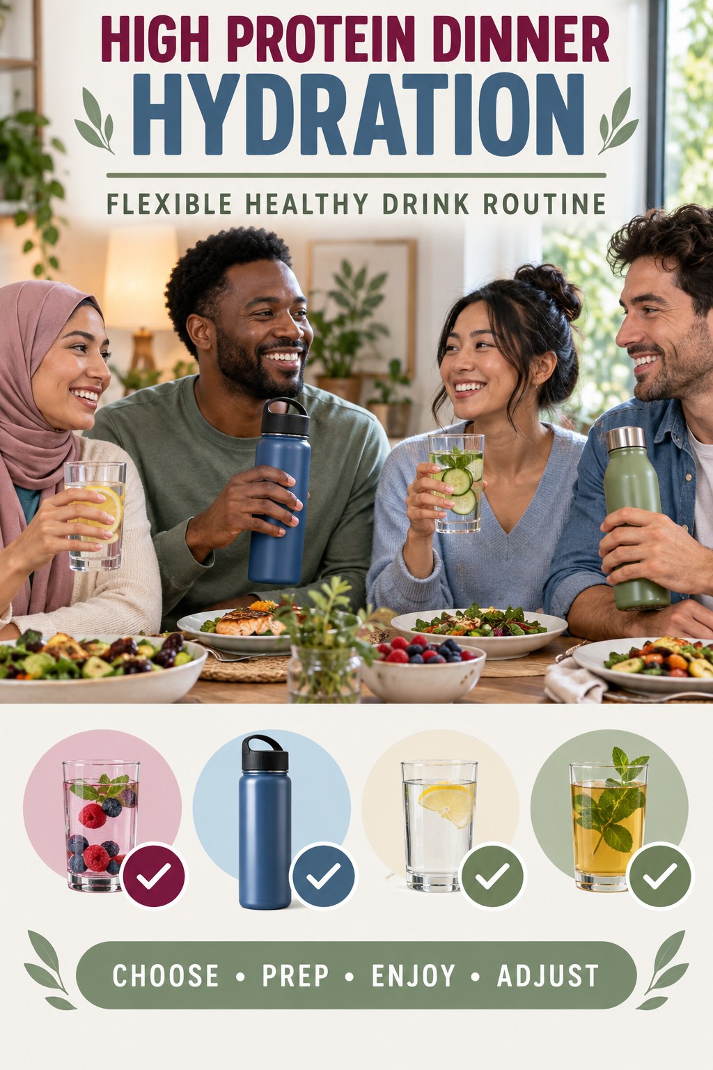 High Protein Dinner hydration graphic titled Flexible Healthy Drink Routine with four flexible water-habit prompts and no fixed intake target.