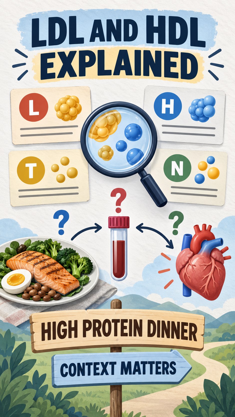 LDL and HDL Context Guide infographic for High Protein Dinner, using a non-numerical educational lipid-panel layout with question and context icons.