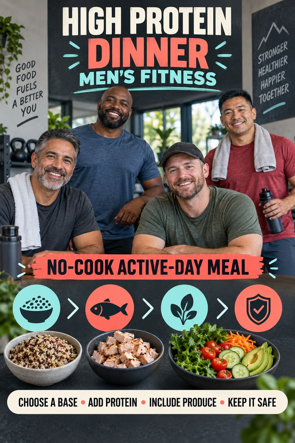 High Protein Dinner men’s fitness graphic titled No-Cook Active-Day Meal with four practical training prompts.