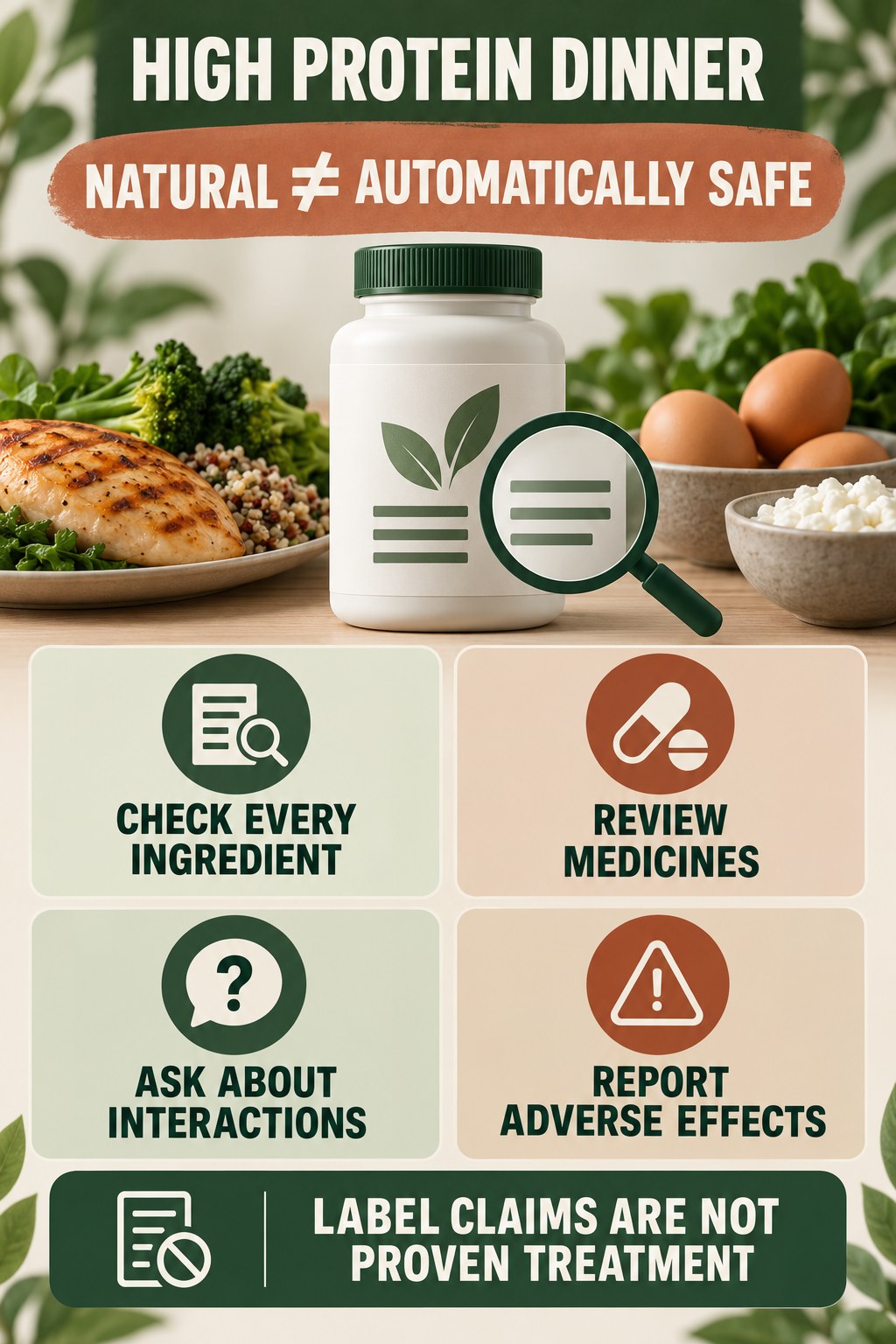 Natural Does Not Mean Risk-Free prostate supplement label-literacy infographic for High Protein Dinner with four careful reading points.