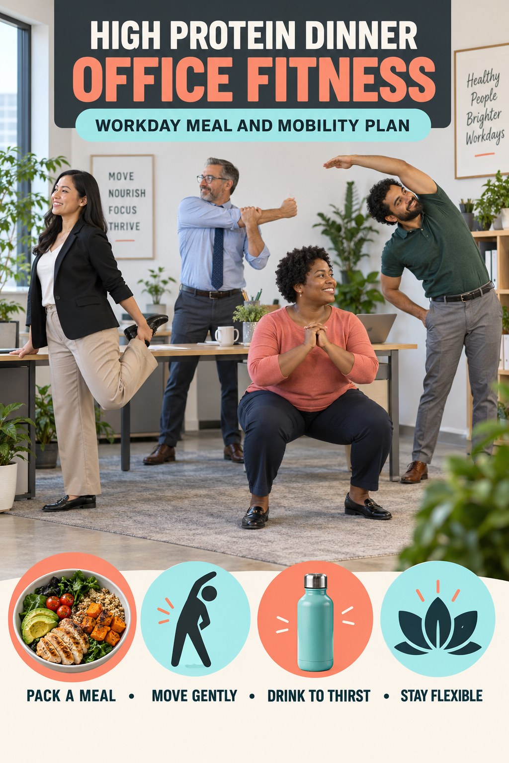 High Protein Dinner office-fitness graphic titled Workday Meal and Mobility Plan with four practical workday movement prompts.