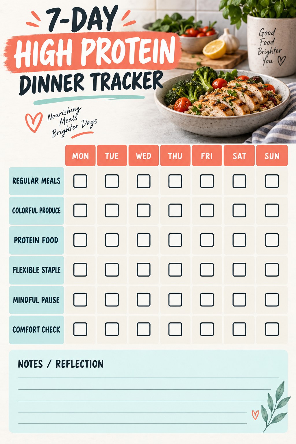 7-Day High Protein Dinner printable-style tracker graphic with six labeled rows, empty checkboxes, and a reflection area.