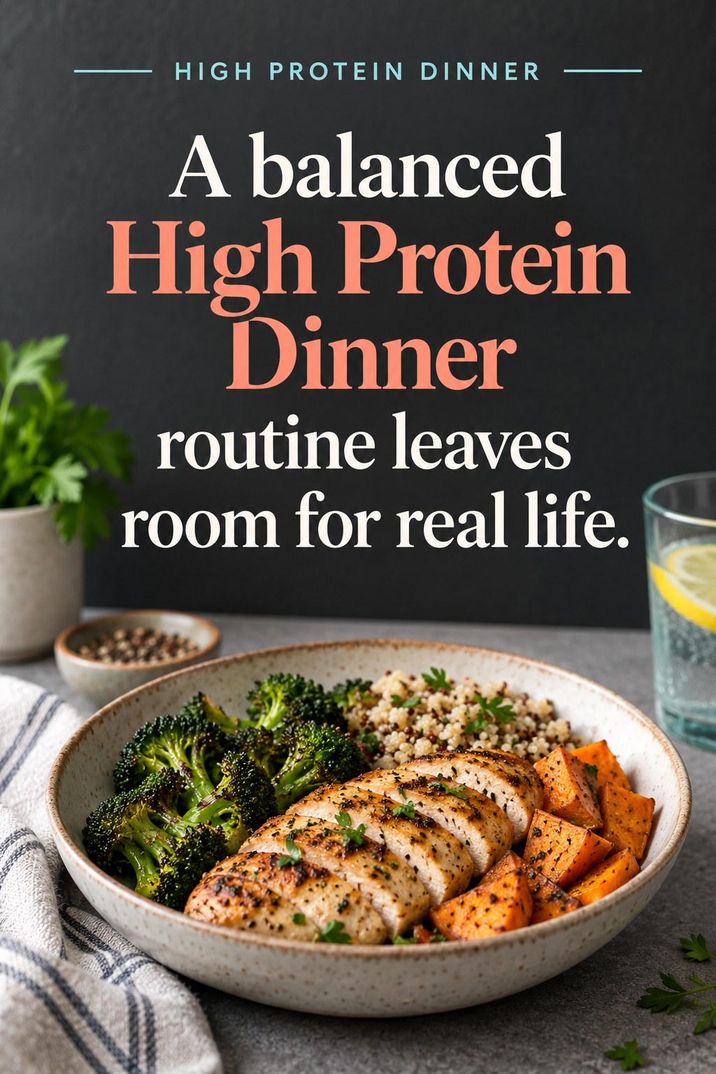 Original High Protein Dinner quote graphic reading “A balanced High Protein Dinner routine leaves room for real life.” in a board-relevant editorial design.